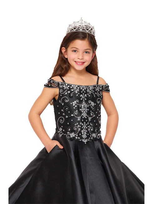 Little Girls Black Rhinestone Crepe Satin Off Shoulder Ball Gown 2-6 - SophiasStyle.com