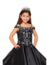 Little Girls Black Rhinestone Crepe Satin Off Shoulder Ball Gown 2-6 - SophiasStyle.com
