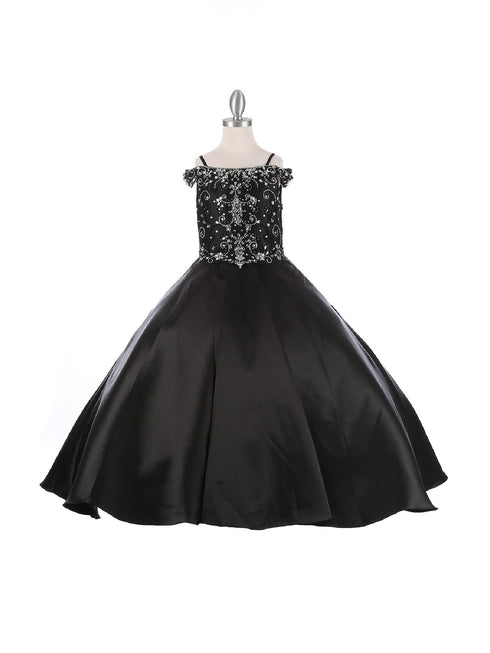 Big Girls Black Rhinestone Crepe Satin Off Shoulder Ball Gown 8-16 - SophiasStyle.com