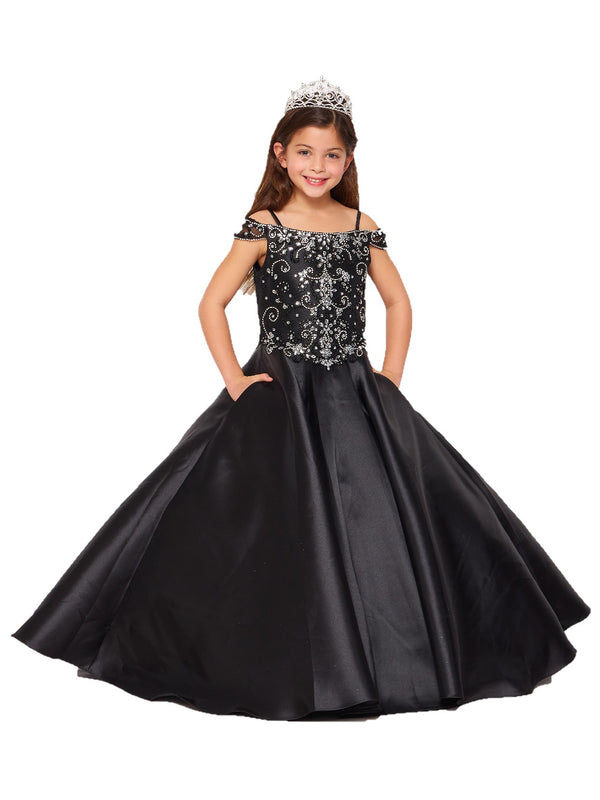 Little Girls Black Rhinestone Crepe Satin Off Shoulder Ball Gown 2-6 - SophiasStyle.com