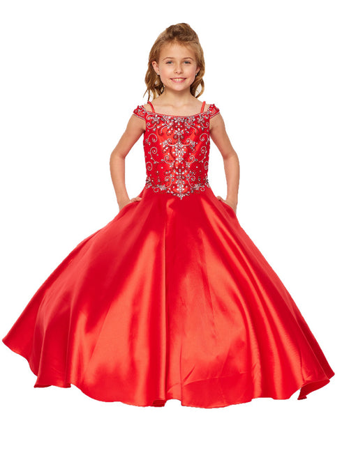 Big Girls Red Rhinestone Crepe Satin Off Shoulder Ball Gown 8-16 - SophiasStyle.com