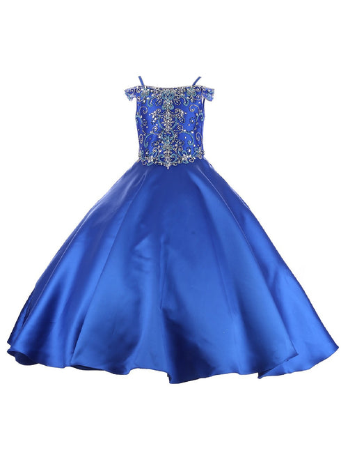 Big Girls Royal Blue Rhinestone Crepe Satin Off Shoulder Ball Gown 8-16 - SophiasStyle.com