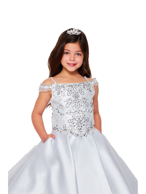 Big Girls White Rhinestone Crepe Satin Off Shoulder Ball Gown 8-16 - SophiasStyle.com
