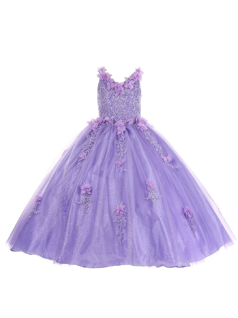 Bliss Big Girls Lilac 3D Floral Rhinestone Lace Applique Ball Gown 8-16 - SophiasStyle.com