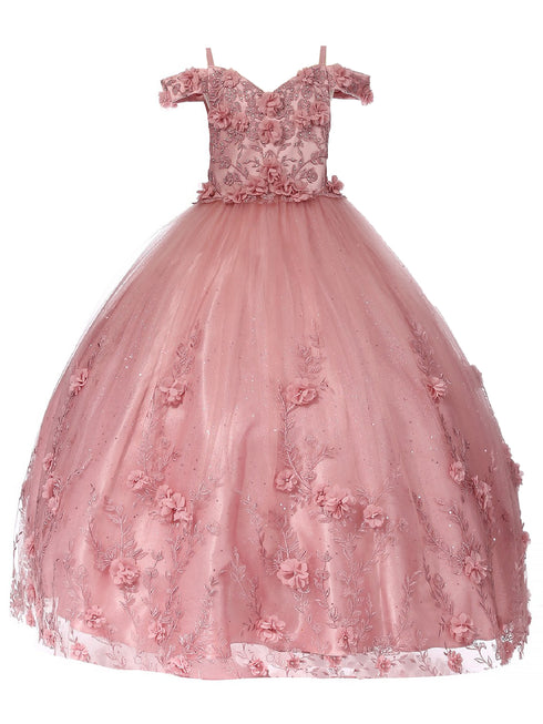 Bliss Little Girls Dusty Rose Sweetheart Off Shoulder 3D Floral Ball Gown 2-6 - SophiasStyle.com