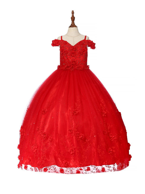 Bliss Big Girls Red Sweetheart Off Shoulder 3D Floral Ball Gown 8-16 - SophiasStyle.com