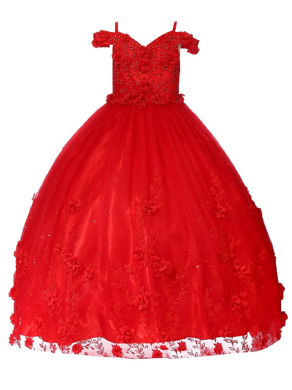 Bliss Little Girls Red Sweetheart Off Shoulder 3D Floral Ball Gown 2-6 - SophiasStyle.com