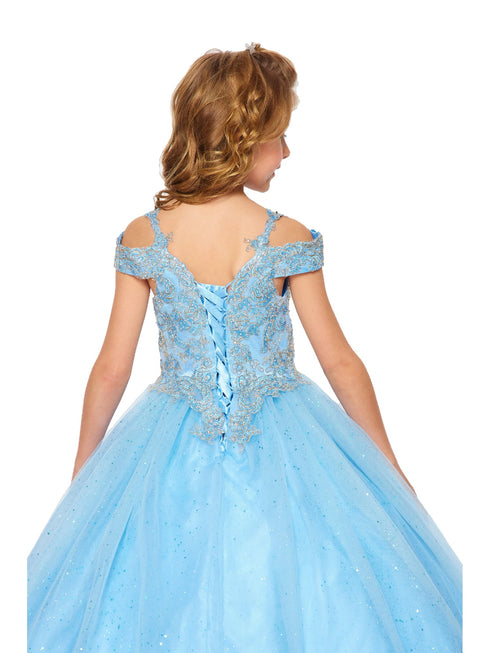 Bliss Big Girls Blue Gold Coiled Rhinestone Off Shoulder Ball Gown 8-16 - SophiasStyle.com