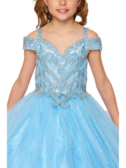 Bliss Little Girls Blue Gold Coiled Rhinestone Off Shoulder Ball Gown 2-6 - SophiasStyle.com