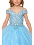 Bliss Little Girls Blue Gold Coiled Rhinestone Off Shoulder Ball Gown 2-6 - SophiasStyle.com