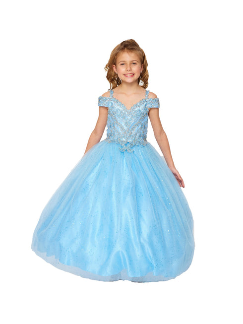 Bliss Little Girls Blue Gold Coiled Rhinestone Off Shoulder Ball Gown 2-6 - SophiasStyle.com