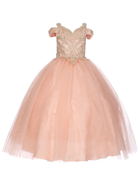 Bliss Big Girls Blush Gold Coiled Rhinestone Off Shoulder Ball Gown 8-16 - SophiasStyle.com
