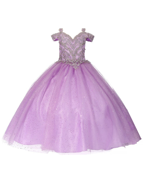Bliss Little Girls Lilac Gold Coiled Rhinestone Off Shoulder Ball Gown 2-6 - SophiasStyle.com