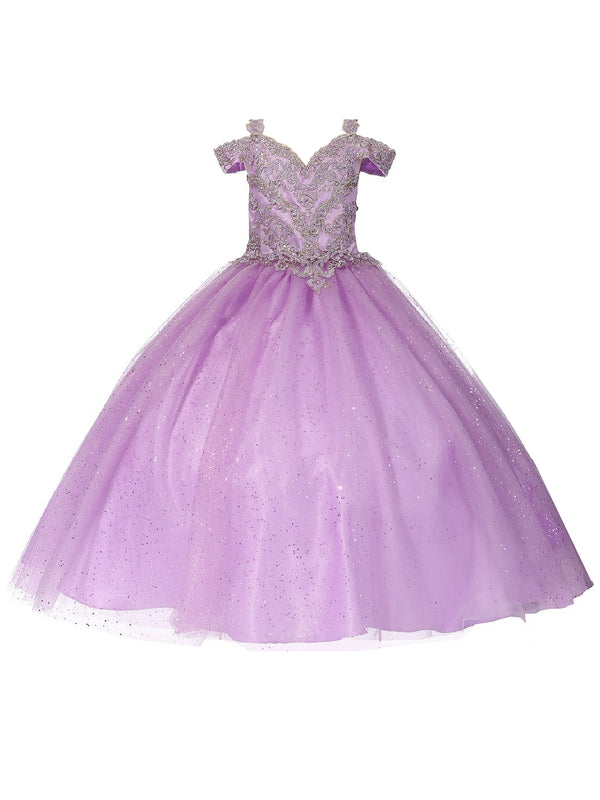 Bliss Big Girls Lilac Gold Coiled Rhinestone Off Shoulder Ball Gown 8-16 - SophiasStyle.com