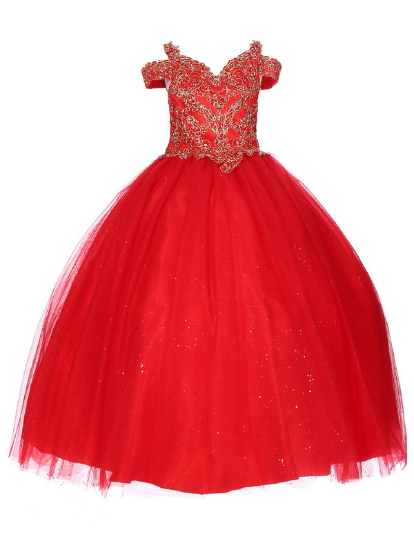 Bliss Big Girls Red Gold Coiled Rhinestone Off Shoulder Ball Gown 8-16 - SophiasStyle.com