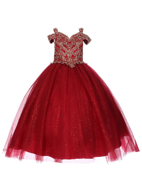 Bliss Big Girls Burgundy Gold Coiled Rhinestone Off Shoulder Ball Gown 8-16 - SophiasStyle.com