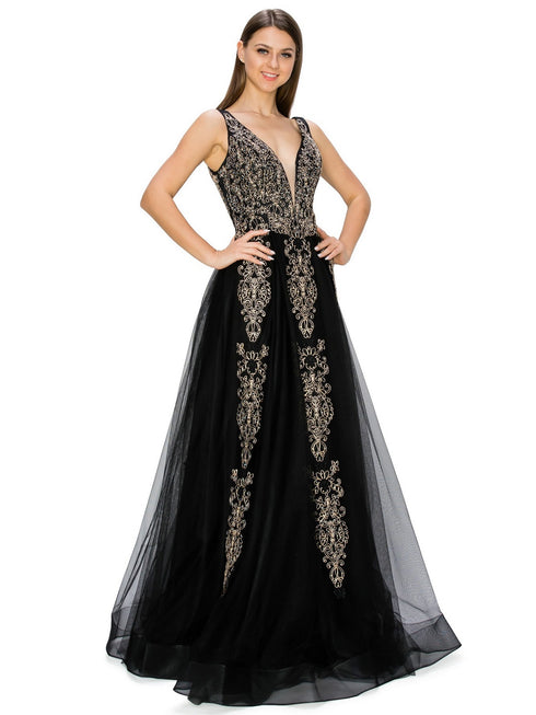 Bliss Golden Coil Lace Studded Illusion Tulle V-Neck Dress for Women, Sizes XS-3XL - SophiasStyle.com