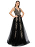 Bliss Golden Coil Lace Studded Illusion Tulle V-Neck Dress for Women, Sizes XS-3XL - SophiasStyle.com
