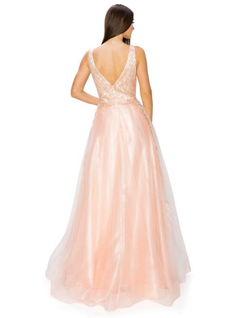 Bliss Golden Coil Lace Studded Illusion Tulle V-Neck Dress for Women, Sizes XS-3XL - SophiasStyle.com