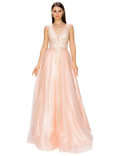 Bliss Golden Coil Lace Studded Illusion Tulle V-Neck Dress for Women, Sizes XS-3XL - SophiasStyle.com