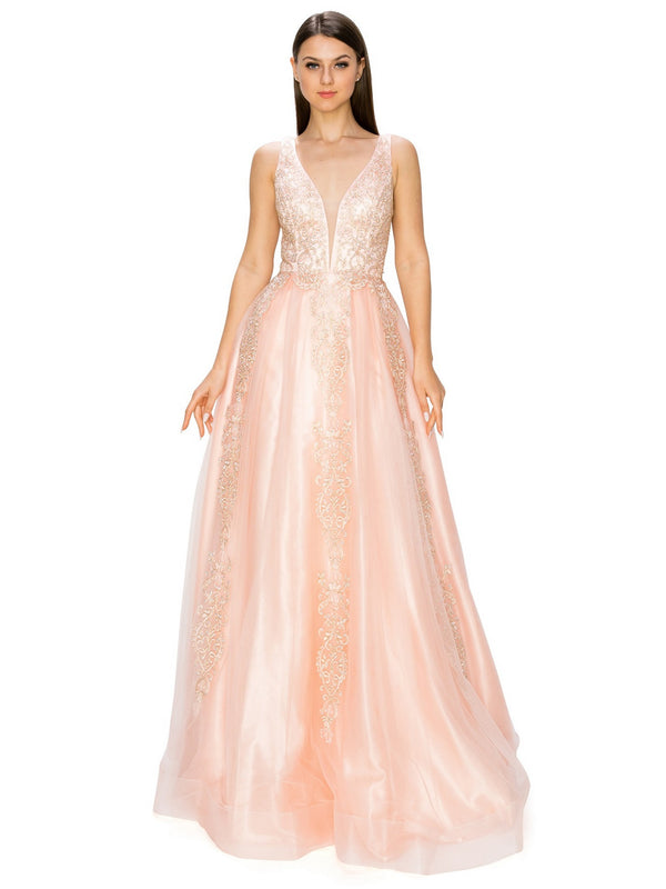 Bliss Golden Coil Lace Studded Illusion Tulle V-Neck Dress for Women, Sizes XS-3XL - SophiasStyle.com