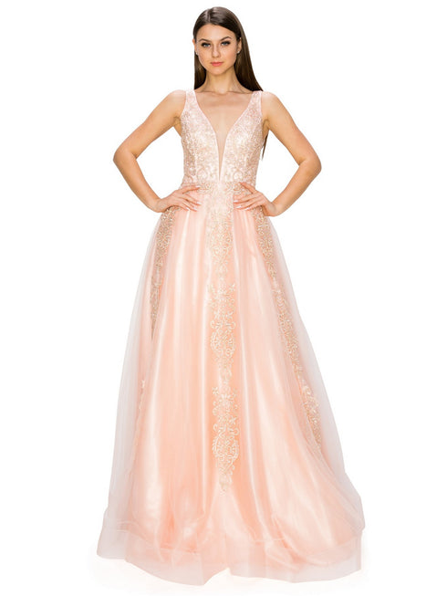 Bliss Golden Coil Lace Studded Illusion Tulle V-Neck Dress for Women, Sizes XS-3XL - SophiasStyle.com