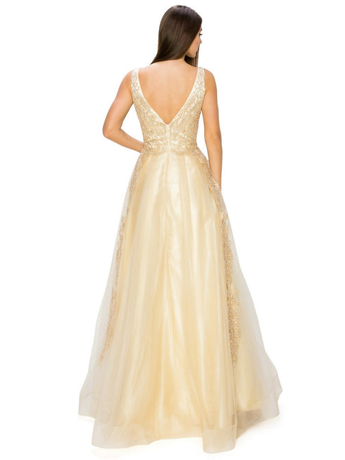 Bliss Golden Coil Lace Studded Illusion Tulle V-Neck Dress for Women, Sizes XS-3XL - SophiasStyle.com