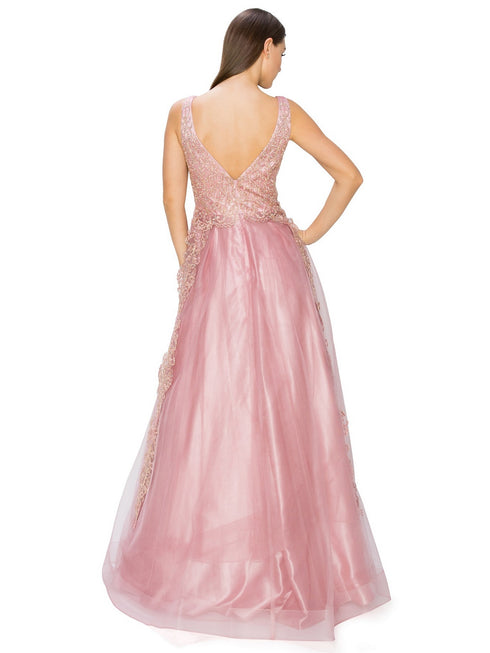 Bliss Golden Coil Lace Studded Illusion Tulle V-Neck Dress for Women, Sizes XS-3XL - SophiasStyle.com