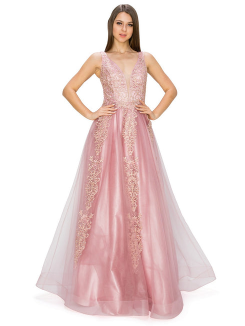 Bliss Golden Coil Lace Studded Illusion Tulle V-Neck Dress for Women, Sizes XS-3XL - SophiasStyle.com