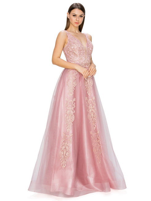 Bliss Golden Coil Lace Studded Illusion Tulle V-Neck Dress for Women, Sizes XS-3XL - SophiasStyle.com