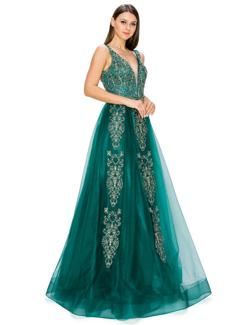 Bliss Golden Coil Lace Studded Illusion Tulle V-Neck Dress for Women, Sizes XS-3XL - SophiasStyle.com