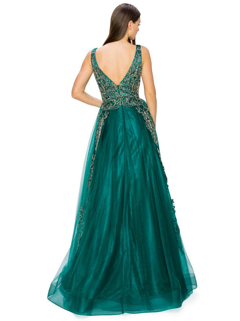 Bliss Golden Coil Lace Studded Illusion Tulle V-Neck Dress for Women, Sizes XS-3XL - SophiasStyle.com