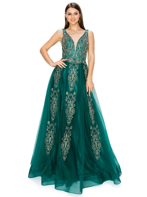 Bliss Golden Coil Lace Studded Illusion Tulle V-Neck Dress for Women, Sizes XS-3XL - SophiasStyle.com