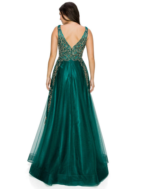 Bliss Golden Coil Lace Studded Illusion Tulle V-Neck Dress for Women, Sizes XS-3XL - SophiasStyle.com