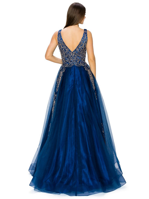 Bliss Golden Coil Lace Studded Illusion Tulle V-Neck Dress for Women, Sizes XS-3XL - SophiasStyle.com