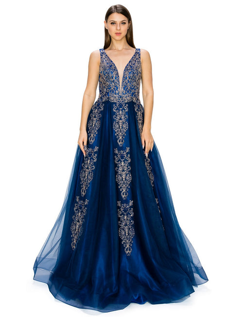 Bliss Golden Coil Lace Studded Illusion Tulle V-Neck Dress for Women, Sizes XS-3XL - SophiasStyle.com