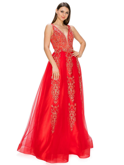 Bliss Golden Coil Lace Studded Illusion Tulle V-Neck Dress for Women, Sizes XS-3XL - SophiasStyle.com