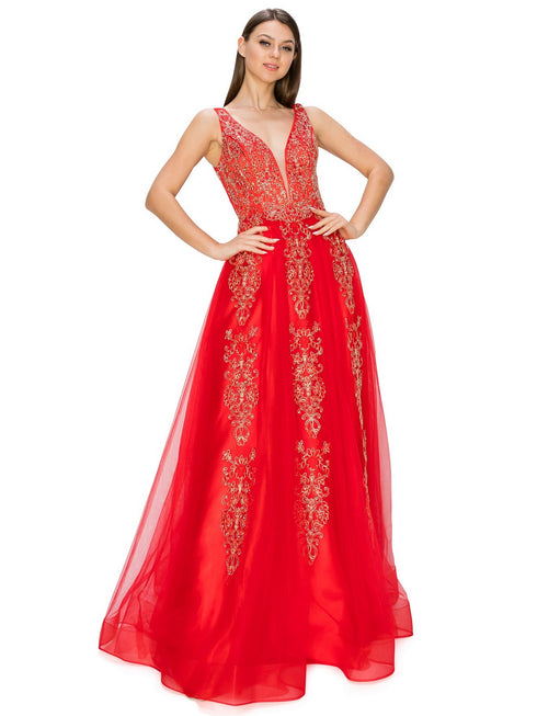 Bliss Golden Coil Lace Studded Illusion Tulle V-Neck Dress for Women, Sizes XS-3XL - SophiasStyle.com