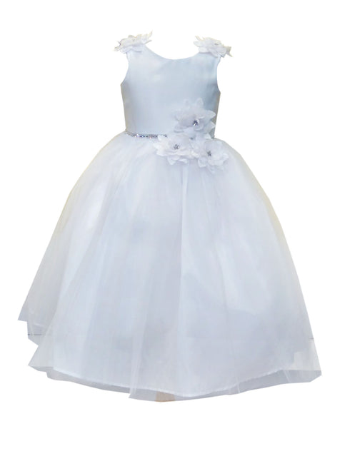 Little Girls White Beaded Flower Appliques Tulle Flower Girl Dress 2-6 - SophiasStyle.com
