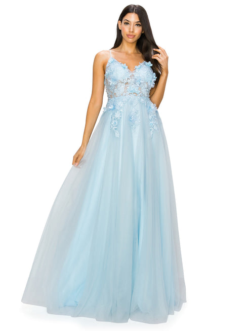 Bliss Multi Color 3D Floral Applique A Line Layered Tulle Gown for Women, Sizes XS-3XL - SophiasStyle.com