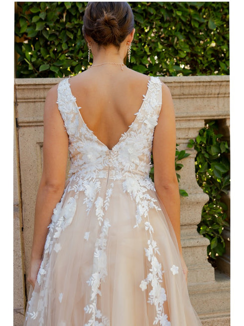 Bliss Champagne Gardenia Floral Lace A Line Gown for Women, Sizes XS-3XL - SophiasStyle.com