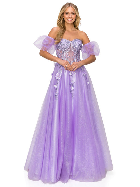 Bliss 3D Beaded Floral Applique Tulle Gown for Women with Corset Top and Elastic Cuff Bubble Sleeves, Sizes XS-3XL - SophiasStyle.com