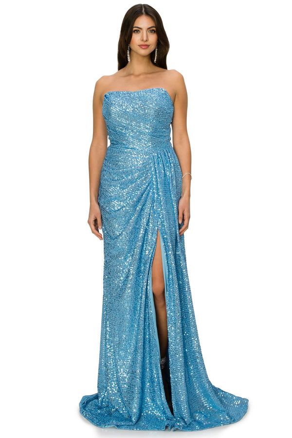 Bliss Fitted Strapless Ruched Sequin Slit Gown for Women, Sizes XS-3XL - SophiasStyle.com