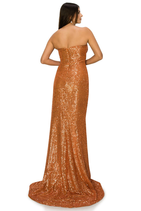Bliss Fitted Strapless Ruched Sequin Slit Gown for Women, Sizes XS-3XL - SophiasStyle.com