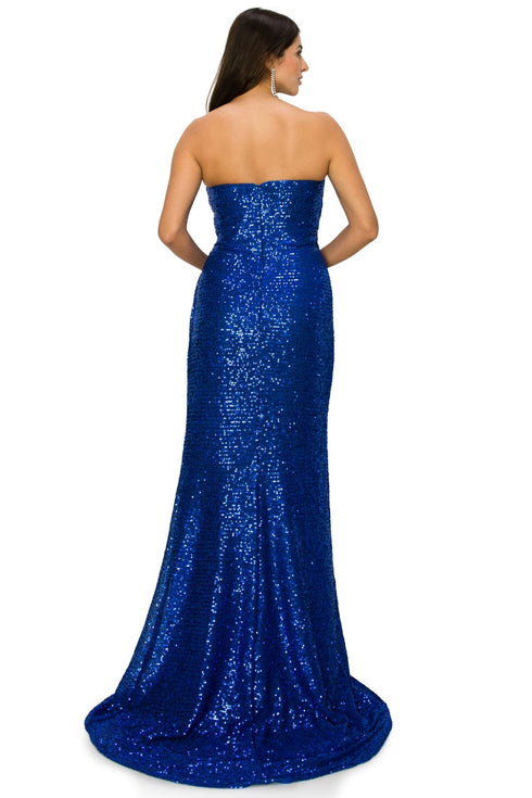 Bliss Fitted Strapless Ruched Sequin Slit Gown for Women, Sizes XS-3XL - SophiasStyle.com