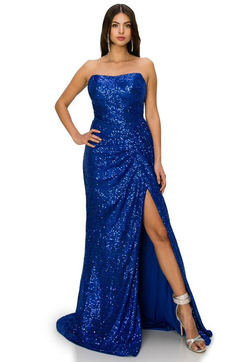 Bliss Fitted Strapless Ruched Sequin Slit Gown for Women, Sizes XS-3XL - SophiasStyle.com