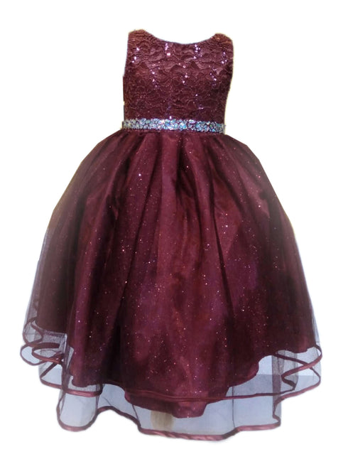 Big Girls Burgundy Lace Sequin Belt Glitter Tulle Junior Bridesmaid Dress 8-16 - SophiasStyle.com