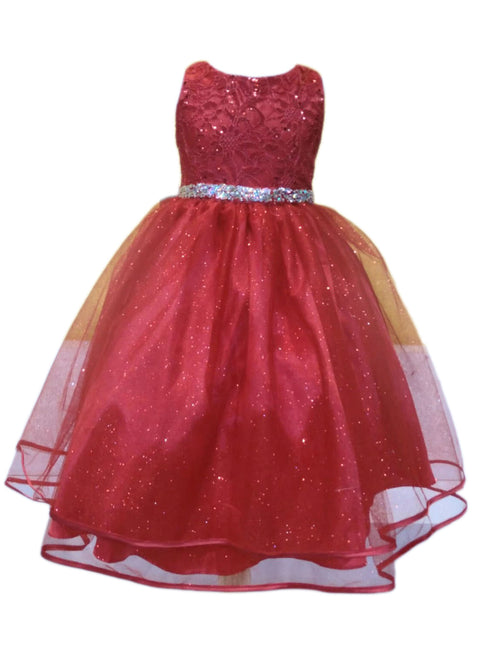 Big Girls Red Lace Sequin Belt Glitter Tulle Junior Bridesmaid Dress 8-16 - SophiasStyle.com