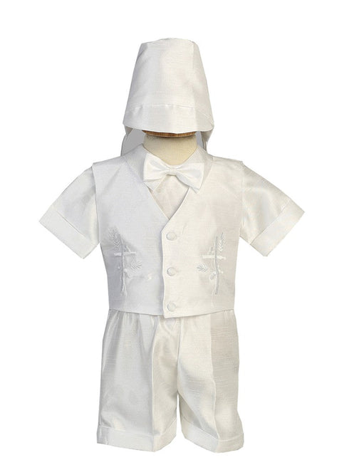 Lito Baby Boys White Shantung Cross Embroidered Vest Short Baptism Set 3-24M - SophiasStyle.com