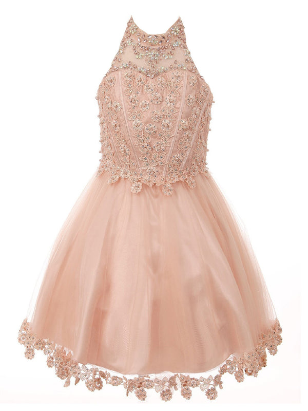 Big Girls Blush Halter Neck Rhinestone Sequin Junior Bridesmaid Dress 8-16 - SophiasStyle.com